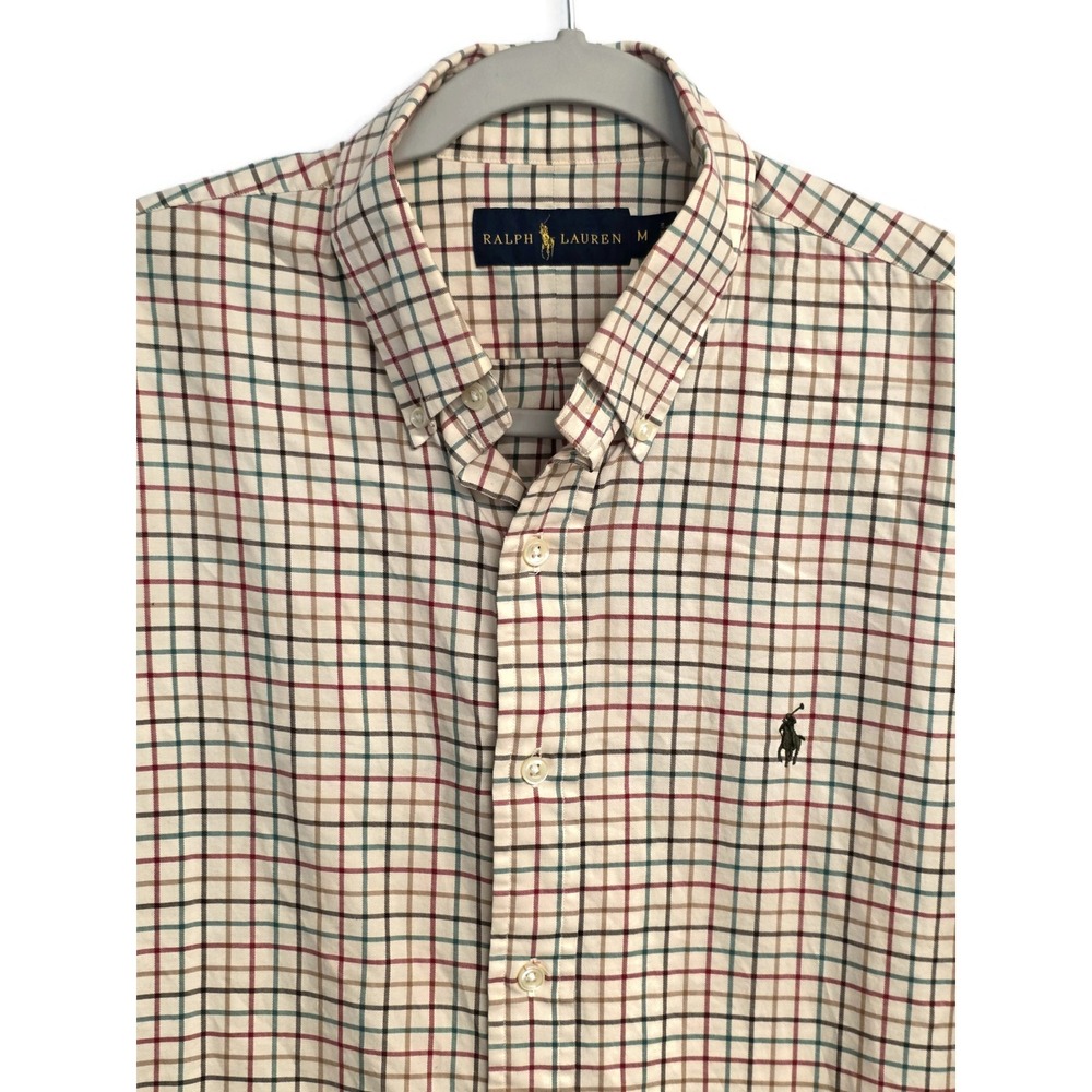 Ralph Lauren Mens Tattersall Plaid Button Down Shirt Tan Multi Color Size M